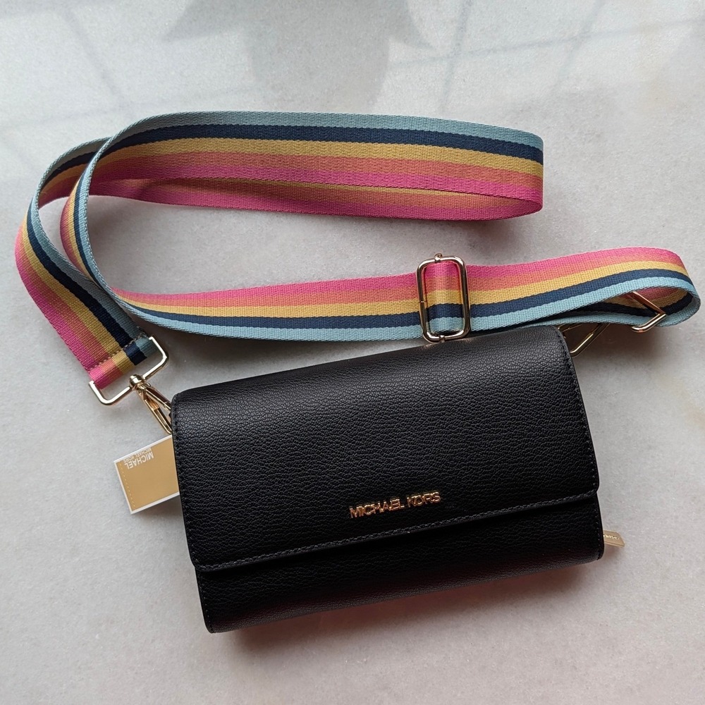 Michael Kors Jet Set LG ZA Wallet Crossbody Black Leather Rainbow Strap NWT!